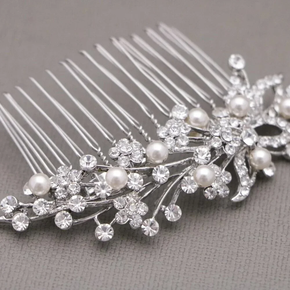 Silver bridal wedding hair comb with faux pearl and rhinestone crystal